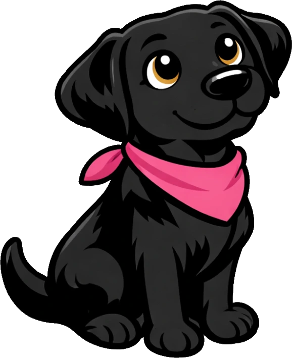 Kali, our founder&rsquo;s dog, a black Labrador in a pink bandana